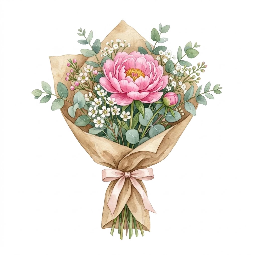 Watercolour illustration of a wrapped bouquet
