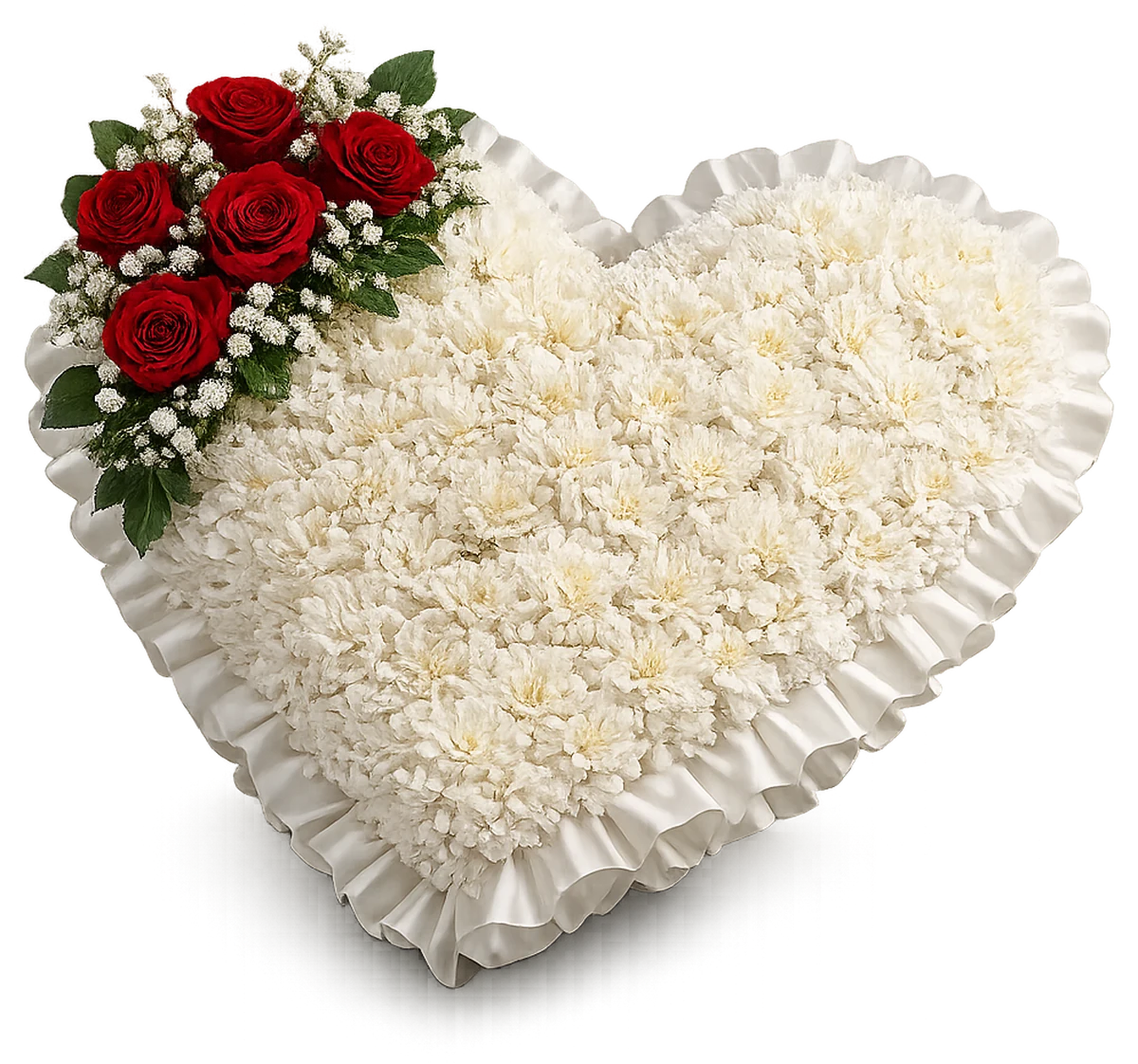 A hand-arranged silk heart tribute with a red rose and gypsophila corner spray