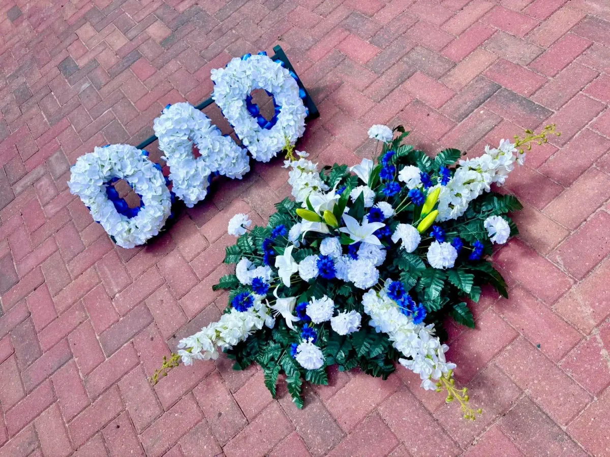 Coffin Spray with Letters, Add-on Bundle, artificial silk funeral tribute available to hire