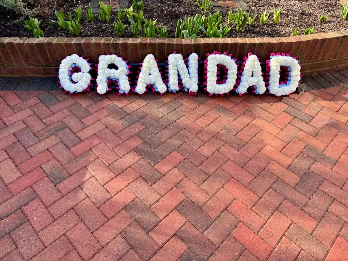 Letter Tribute (7+ Letters), hand-arranged artificial silk funeral tribute for hire in East Kent