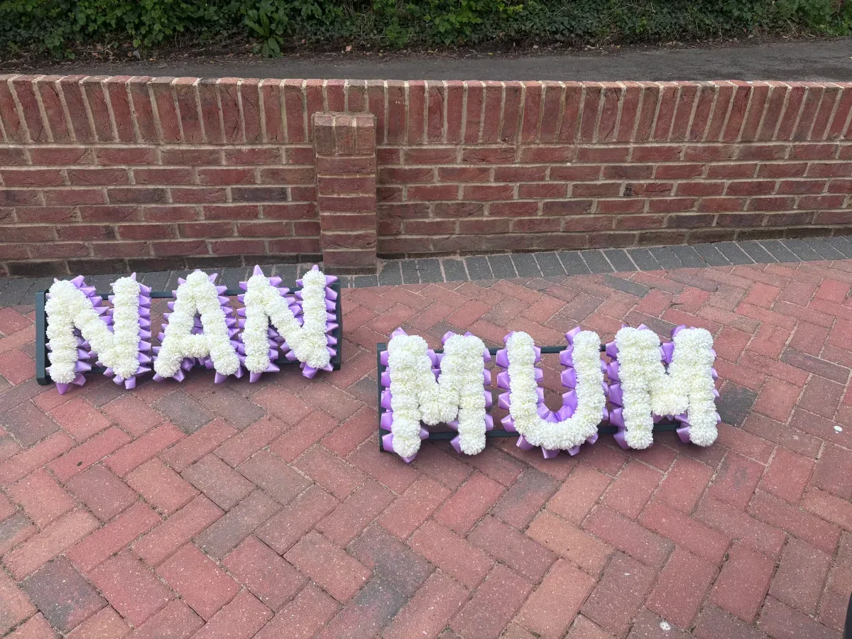 Letter Tribute (5-6 Letters), hand-arranged artificial silk funeral tribute for hire in East Kent